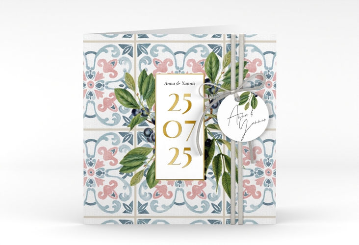 Hochzeitseinladung Mediterraner Flair quadr. Klappkarte bunt gold mit Auzlejo-Fliesenmuster und Lorbeer