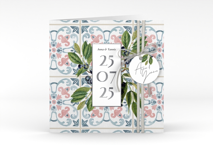 Hochzeitseinladung Mediterraner Flair quadr. Klappkarte bunt silber mit Auzlejo-Fliesenmuster und Lorbeer