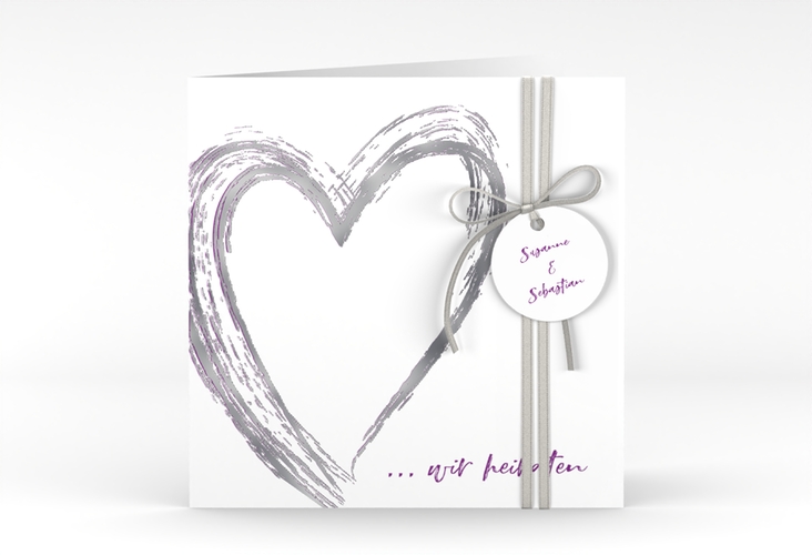 Hochzeitseinladung Liebe quadr. Klappkarte lila silber