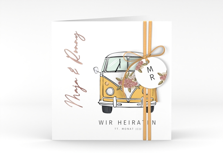Hochzeitseinladung Hochzeitsbulli quadr. Klappkarte gelb rosegold