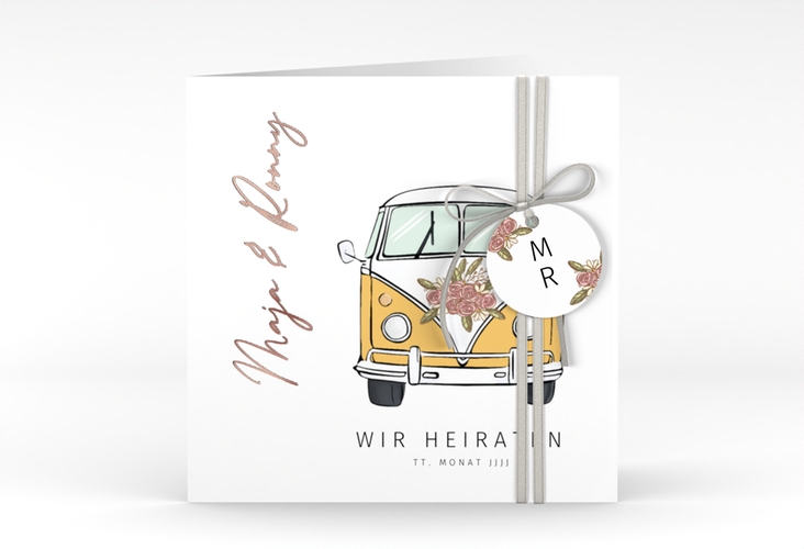 Hochzeitseinladung Hochzeitsbulli quadr. Klappkarte gelb rosegold