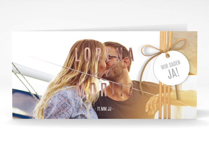 Hochzeitseinladung Memory lange Klappkarte quer rosegold