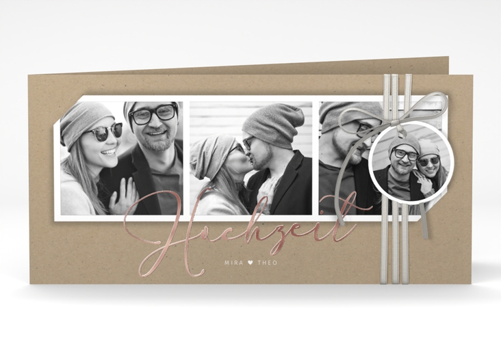 Hochzeitseinladung Crafty lange Klappkarte quer rosegold mit drei Fotos
