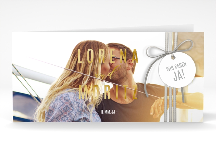 Hochzeitseinladung Memory lange Klappkarte quer gold