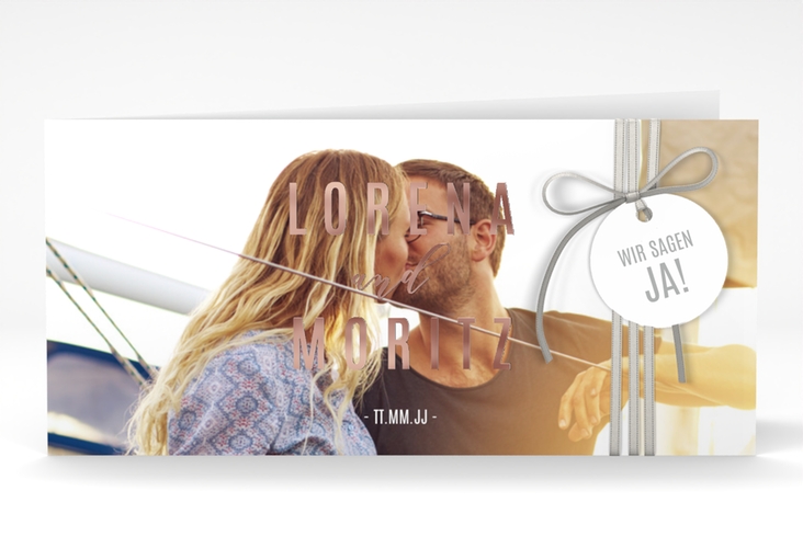 Hochzeitseinladung Memory lange Klappkarte quer rosegold