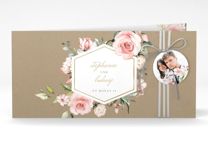 Hochzeitseinladung Graceful lange Klappkarte quer gold mit Rosenblüten in Rosa und Weiß