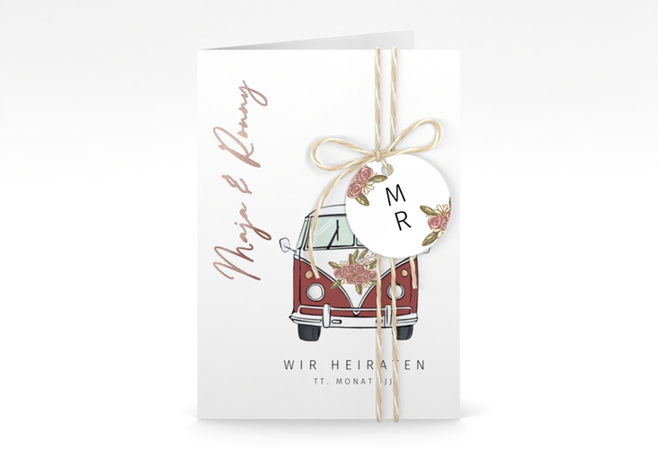 Einladungskarte Hochzeit Hochzeitsbulli A6 Klappkarte hoch rot rosegold mit Gräsern und Trockenblumen für Boho-Hochzeit