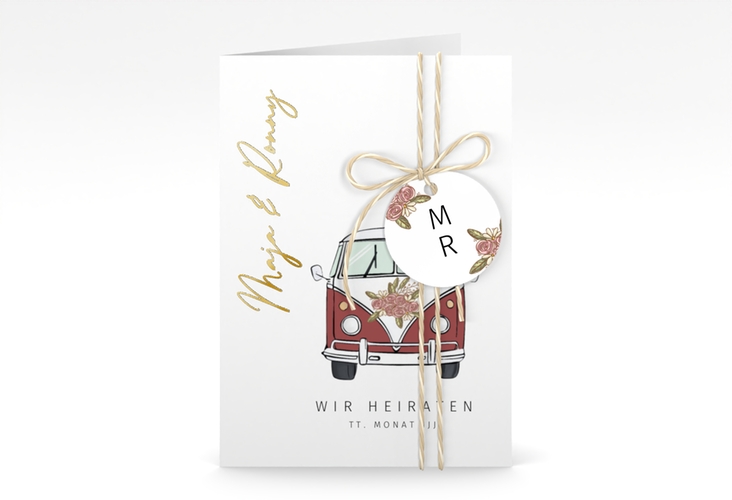 Einladungskarte Hochzeit Hochzeitsbulli A6 Klappkarte hoch rot gold mit Gräsern und Trockenblumen für Boho-Hochzeit