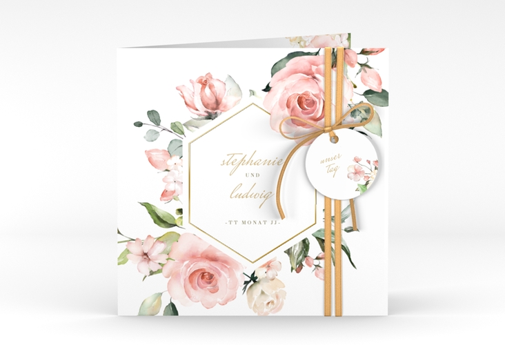 Hochzeitseinladung Graceful quadr. Klappkarte weiss gold mit Rosenblüten in Rosa und Weiß