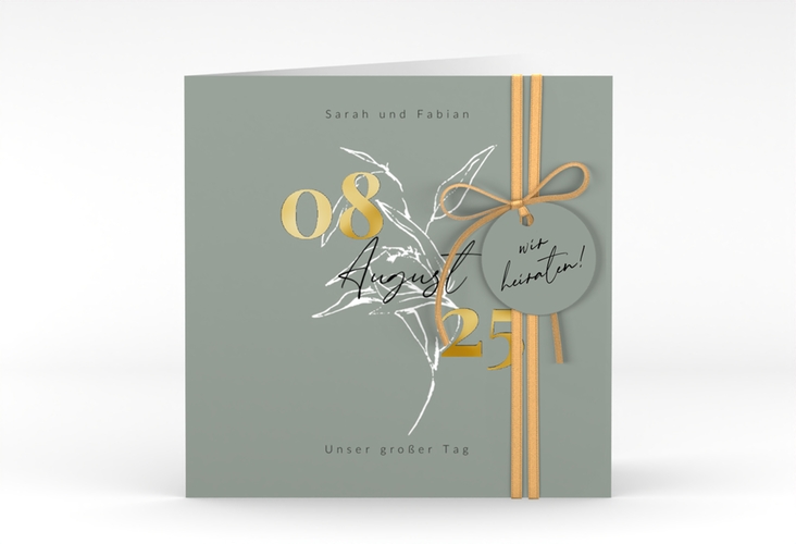 Hochzeitseinladung Seed quadr. Klappkarte gruen gold mit Pflanzen-Illustration und elegantem Datum
