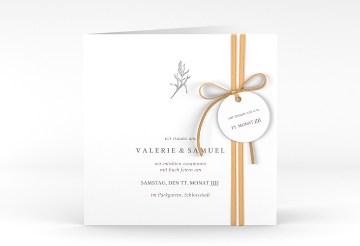 Hochzeitseinladung Ivy quadr. Klappkarte weiss silber minimalistisch mit kleiner botanischer Illustration