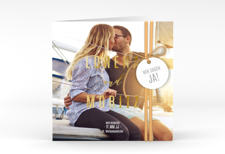 Hochzeitseinladung Memory quadr. Klappkarte weiss gold