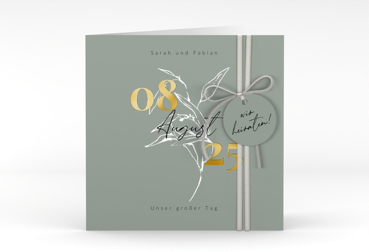 Hochzeitseinladung Seed quadr. Klappkarte gruen gold mit Pflanzen-Illustration und elegantem Datum
