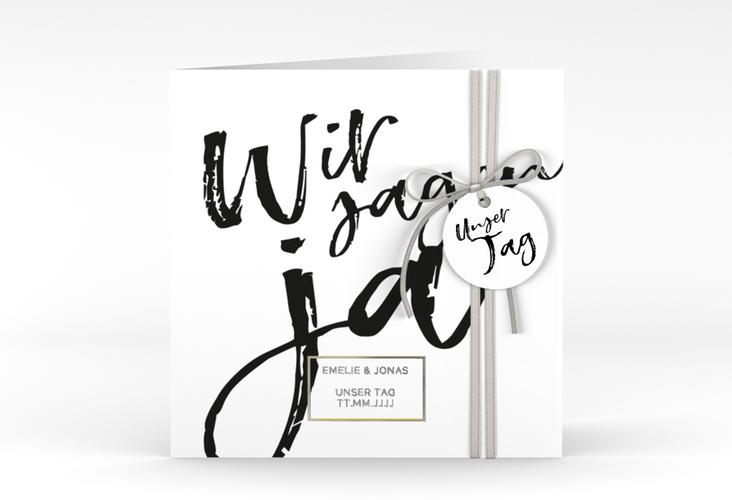 Hochzeitseinladung Words quadr. Klappkarte weiss silber modern mit Brush-Schrift