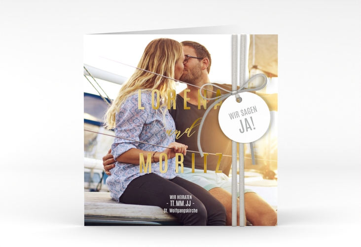 Hochzeitseinladung Memory quadr. Klappkarte weiss gold