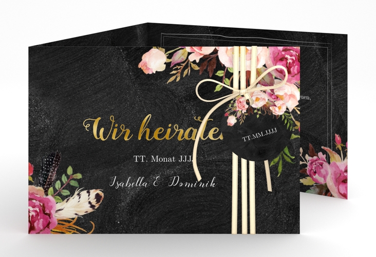 Hochzeitseinladung Flowers A6 Doppel-Klappkarte gold mit bunten Aquarell-Blumen