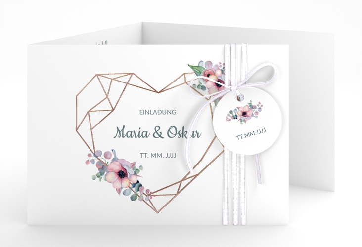 Hochzeitseinladung Herzgold A6 Doppel-Klappkarte rosegold