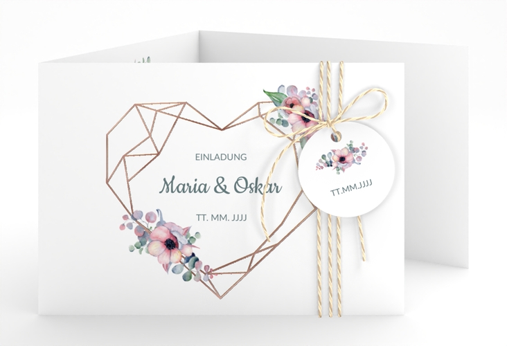 Hochzeitseinladung Herzgold A6 Doppel-Klappkarte rosegold