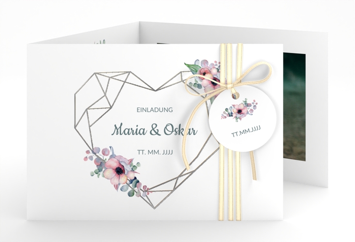 Hochzeitseinladung Herzgold A6 Doppel-Klappkarte silber