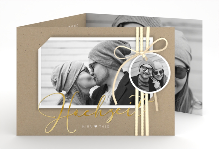 Hochzeitseinladung Crafty A6 Doppel-Klappkarte gold mit Schwarzweiß-Foto