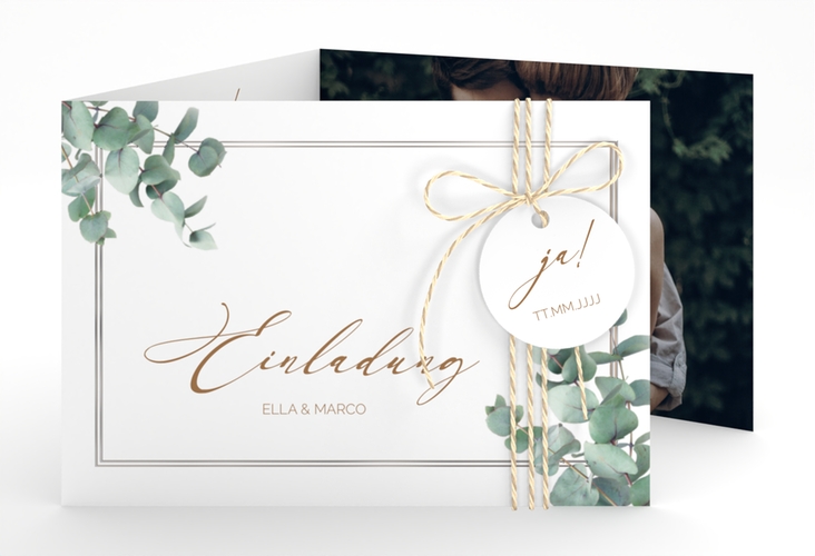 Hochzeitseinladung Eucalypt A6 Doppel-Klappkarte silber mit Eukalyptus und edlem Rahmen