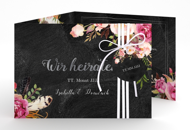 Hochzeitseinladung Flowers A6 Doppel-Klappkarte silber mit bunten Aquarell-Blumen