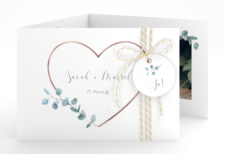 Hochzeitseinladung Greenheart A6 Doppel-Klappkarte rosegold mit elegantem Herz und Eukalyptus-Zweig