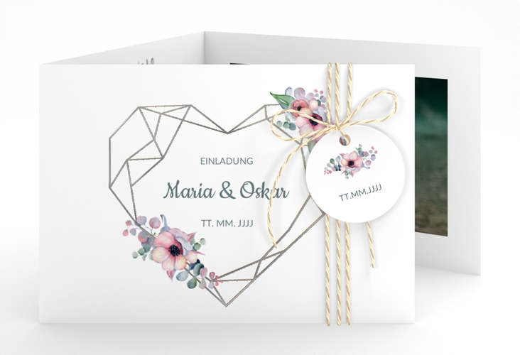 Hochzeitseinladung Herzgold A6 Doppel-Klappkarte silber