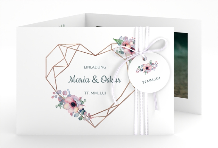 Hochzeitseinladung Herzgold A6 Doppel-Klappkarte rosegold