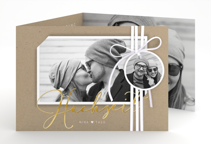 Hochzeitseinladung Crafty A6 Doppel-Klappkarte gold mit Schwarzweiß-Foto
