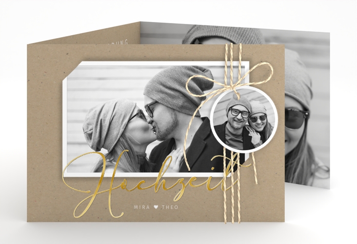 Hochzeitseinladung Crafty A6 Doppel-Klappkarte gold mit Schwarzweiß-Foto