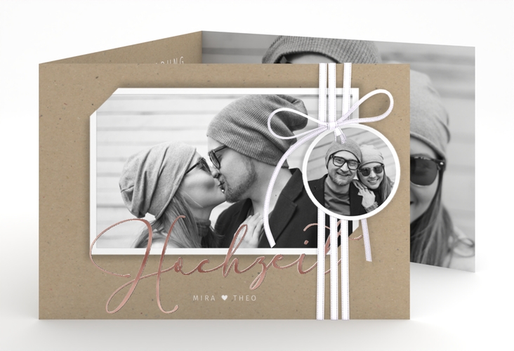Hochzeitseinladung Crafty A6 Doppel-Klappkarte rosegold mit Schwarzweiß-Foto