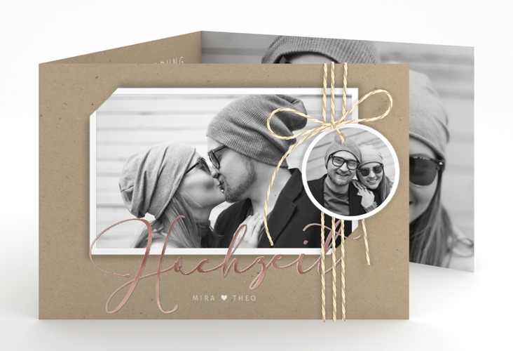 Hochzeitseinladung Crafty A6 Doppel-Klappkarte rosegold mit Schwarzweiß-Foto
