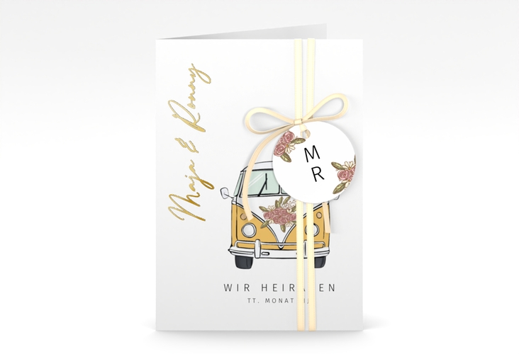 Einladungskarte Hochzeit Hochzeitsbulli A6 Klappkarte hoch gelb gold mit Gräsern und Trockenblumen für Boho-Hochzeit