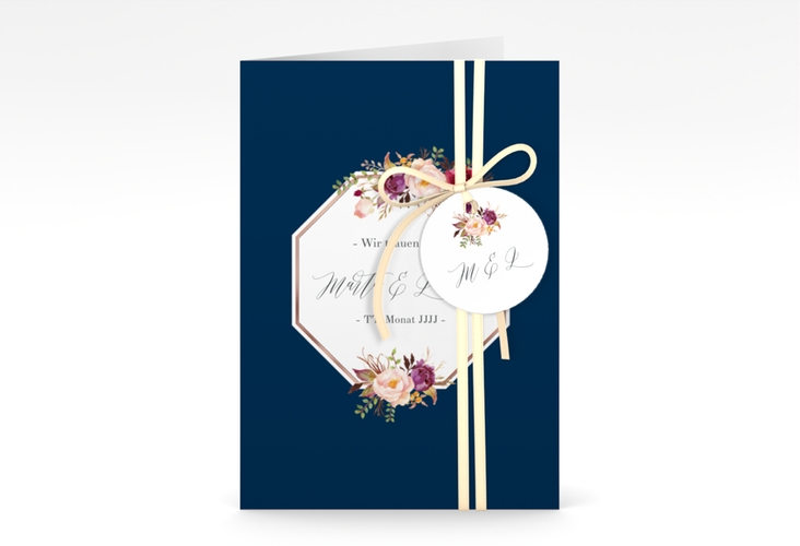 Einladungskarte Hochzeit Prachtvoll A6 Klappkarte hoch blau rosegold