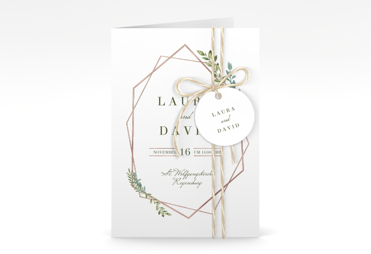 Einladungskarte Hochzeit Herbarium A6 Klappkarte hoch gold rosegold mit geometrischem Rahmen und Blätter-Dekor