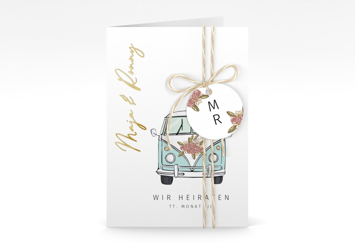 Einladungskarte Hochzeit Hochzeitsbulli A6 Klappkarte hoch blau gold mit Gräsern und Trockenblumen für Boho-Hochzeit