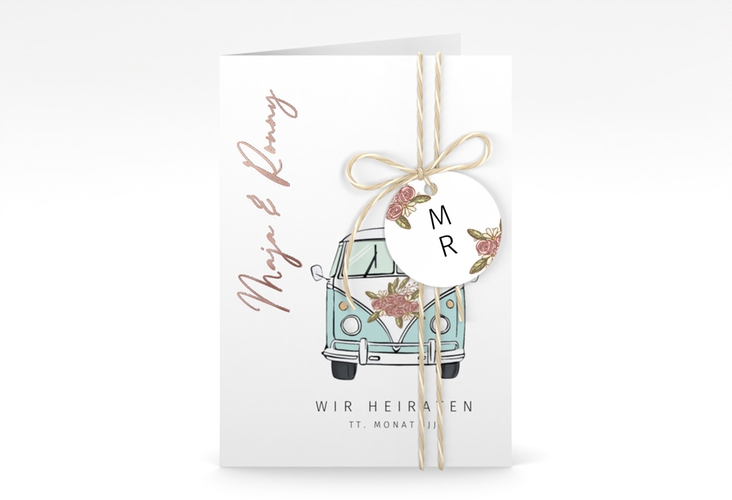 Einladungskarte Hochzeit Hochzeitsbulli A6 Klappkarte hoch blau rosegold mit Gräsern und Trockenblumen für Boho-Hochzeit
