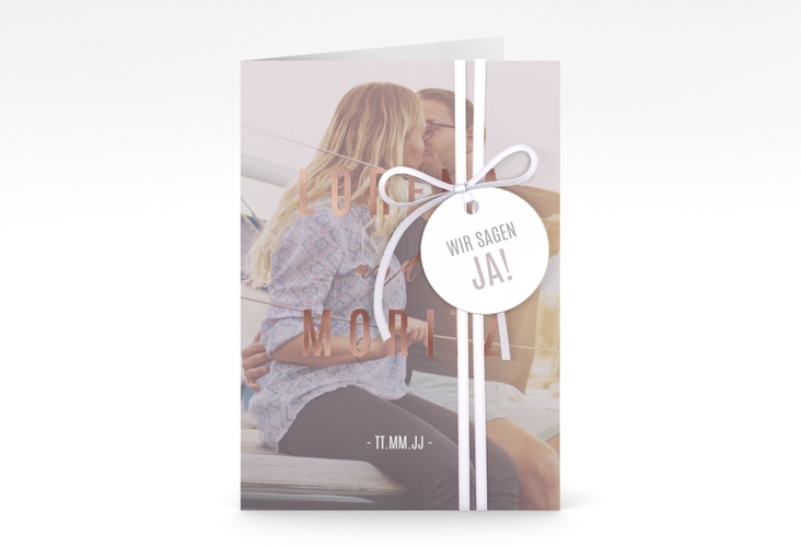 Einladungskarte Hochzeit Memory A6 Klappkarte hoch grau rosegold