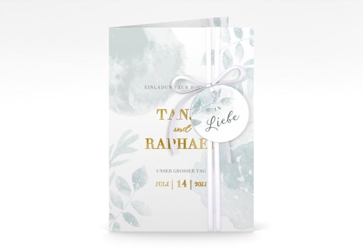 Einladungskarte Hochzeit Blätterdruck A6 Klappkarte hoch mint gold