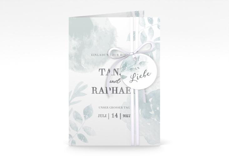 Einladungskarte Hochzeit Blätterdruck A6 Klappkarte hoch mint silber