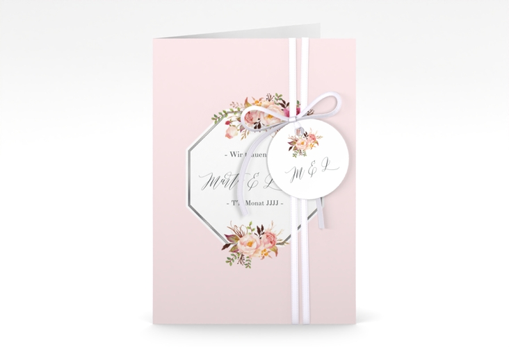Einladungskarte Hochzeit Prachtvoll A6 Klappkarte hoch rosa silber