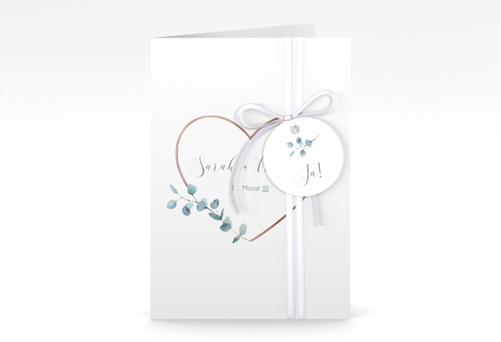 Einladungskarte Hochzeit Greenheart A6 Klappkarte hoch grau rosegold mit elegantem Herz und Eukalyptus-Zweig