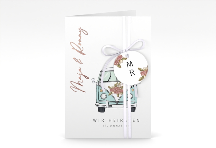 Einladungskarte Hochzeit Hochzeitsbulli A6 Klappkarte hoch blau rosegold mit Gräsern und Trockenblumen für Boho-Hochzeit