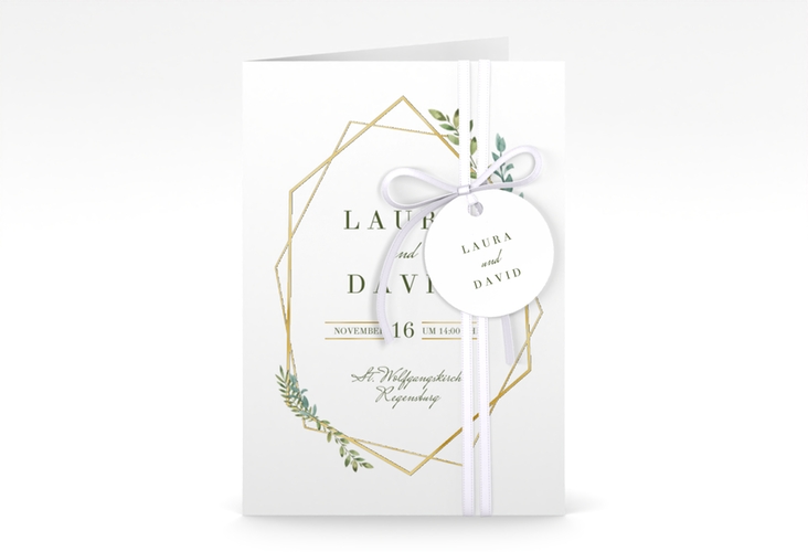 Einladungskarte Hochzeit Herbarium A6 Klappkarte hoch grau gold mit geometrischem Rahmen und Blätter-Dekor