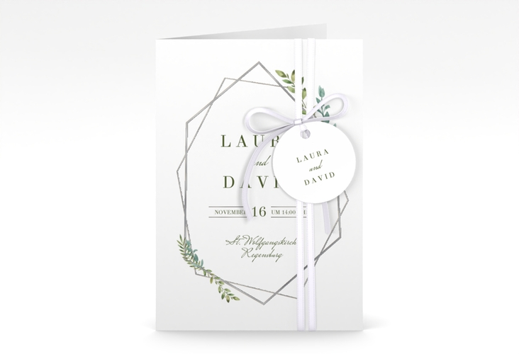 Einladungskarte Hochzeit Herbarium A6 Klappkarte hoch gold silber mit geometrischem Rahmen und Blätter-Dekor