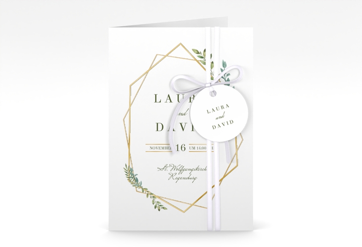 Einladungskarte Hochzeit Herbarium A6 Klappkarte hoch rosa gold mit geometrischem Rahmen und Blätter-Dekor