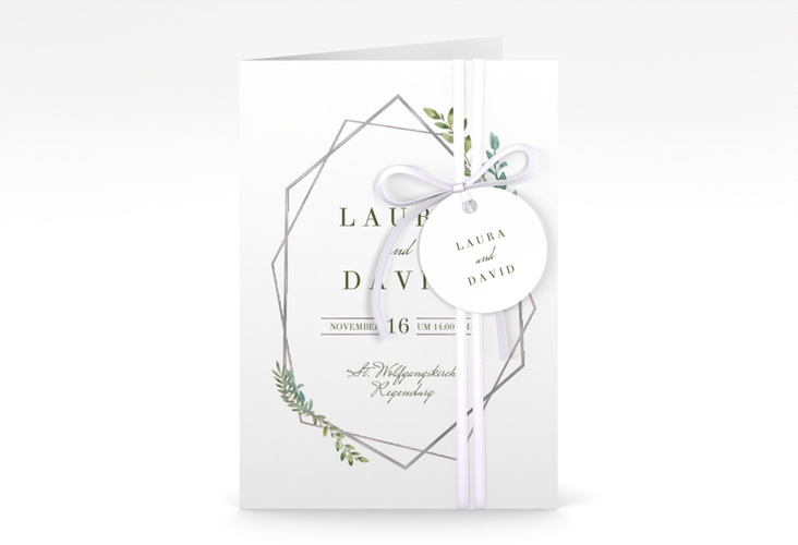 Einladungskarte Hochzeit Herbarium A6 Klappkarte hoch rosa silber mit geometrischem Rahmen und Blätter-Dekor