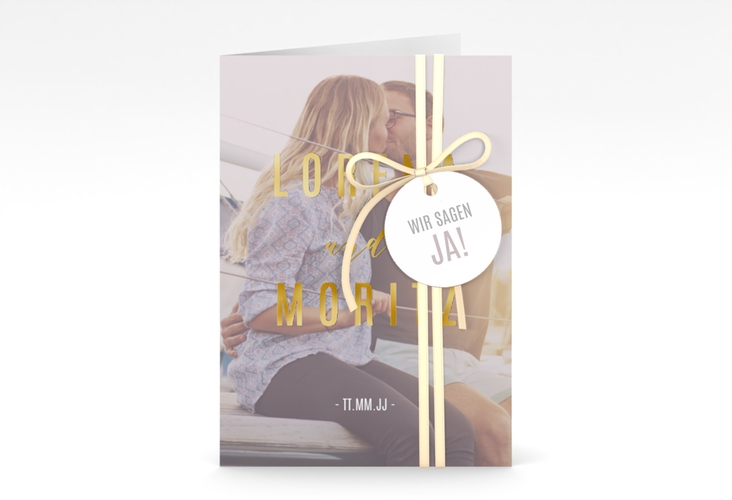 Einladungskarte Hochzeit Memory A6 Klappkarte hoch grau gold