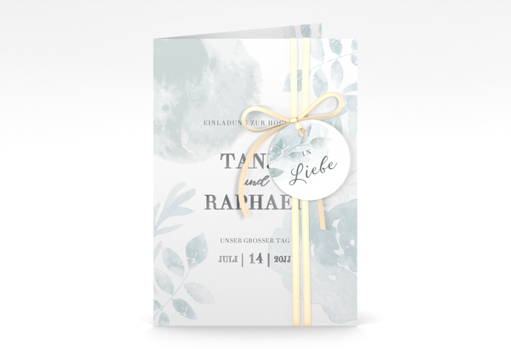 Einladungskarte Hochzeit Blätterdruck A6 Klappkarte hoch mint silber